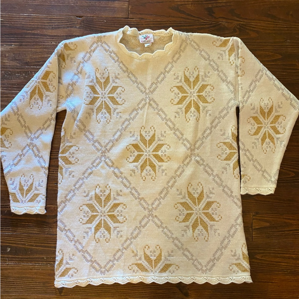 VTG Snowflake Christmas Sweater Metallic Gold Silver Nutcracker Tunic Holiday